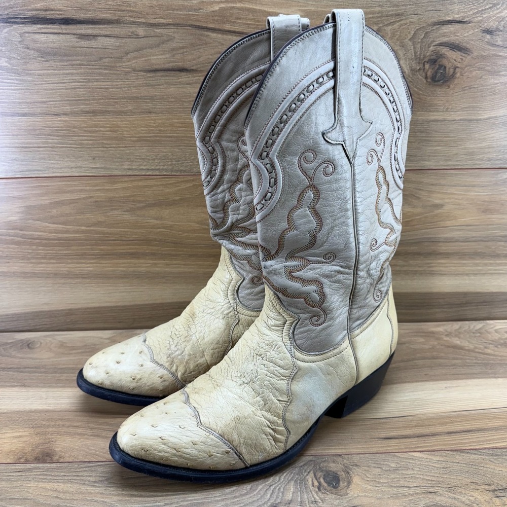 GAVEL Ostrich Leather Beige Western Boots Mens 9.5 EE Vintage Exotic Cowboy - Picture 3 of 12